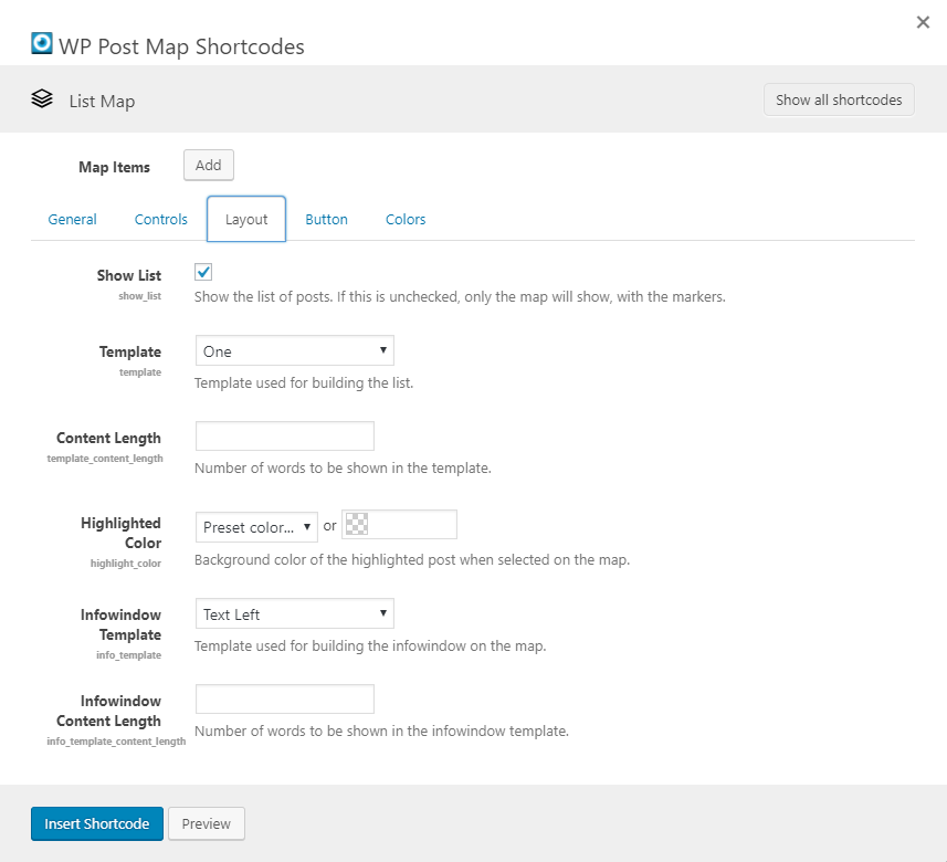 List Map Layout tab